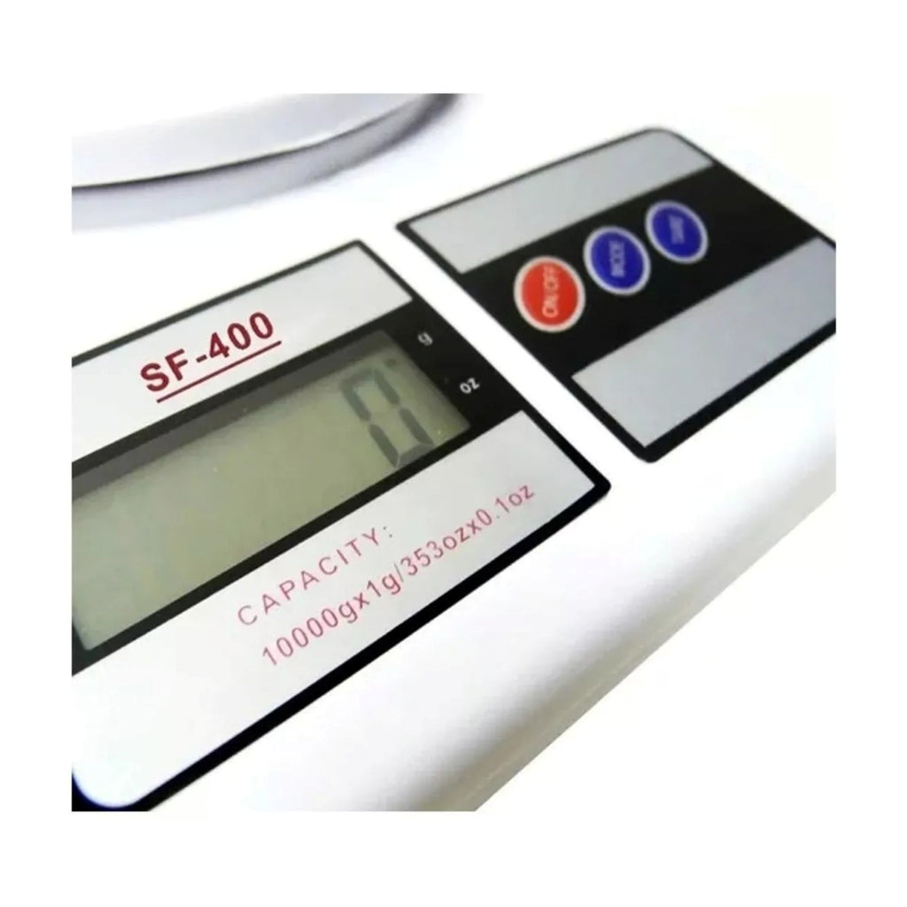 Gramera digital de cocina con plato y pantalla LCD