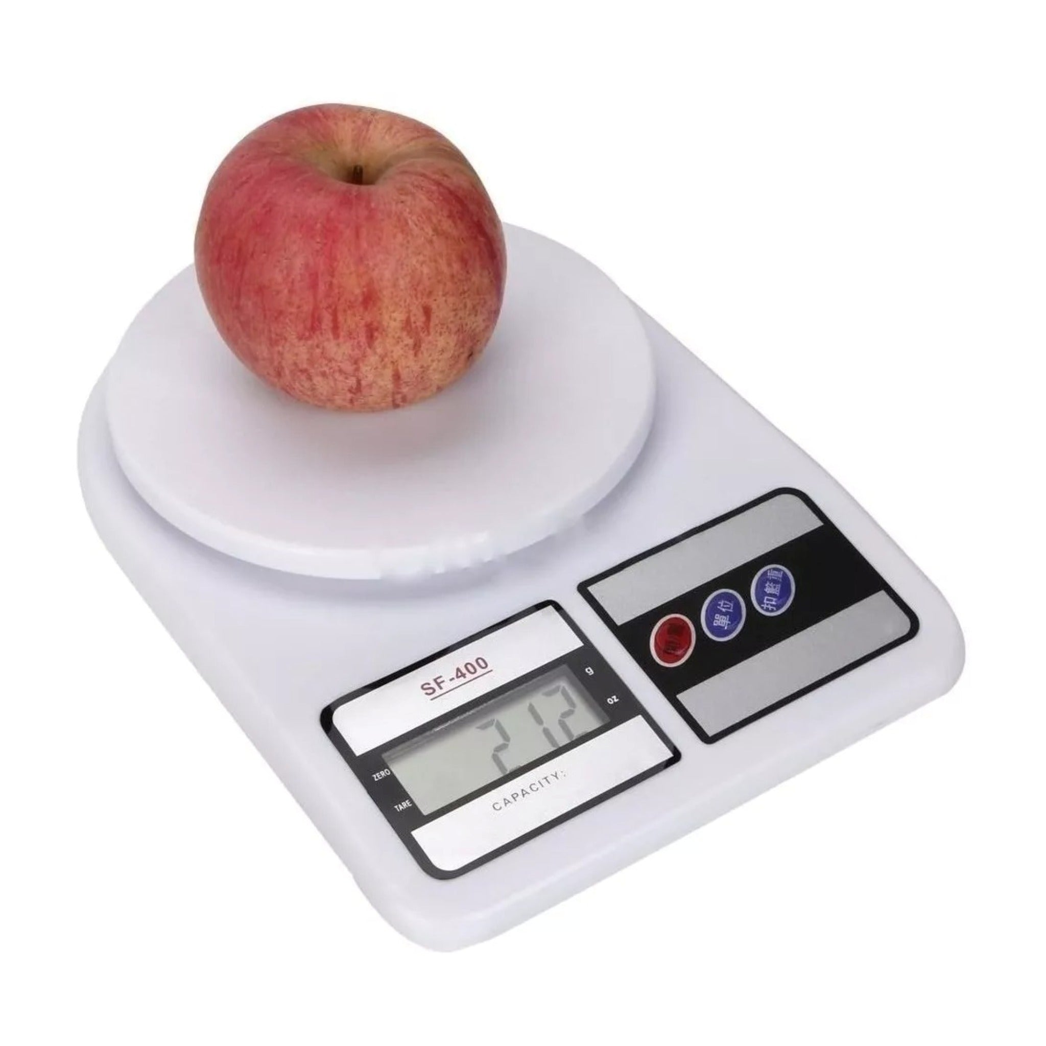 Gramera digital de cocina con plato y pantalla LCD