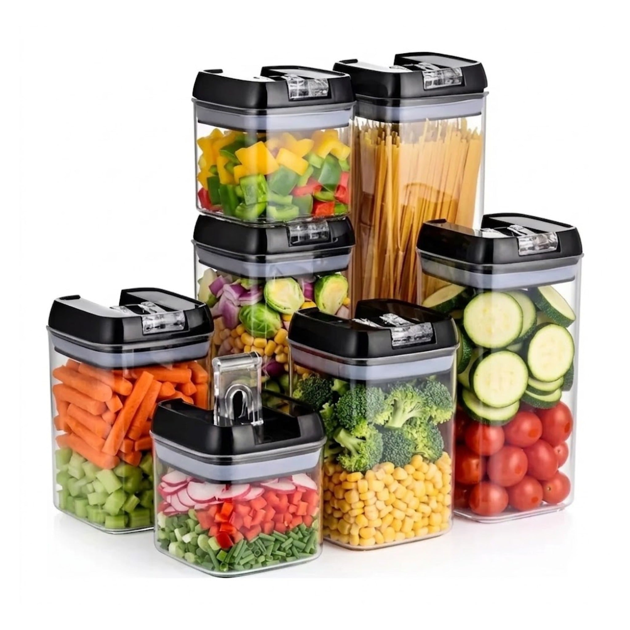 Set de 7 recipientes hermeticos transparentes con tapa negra