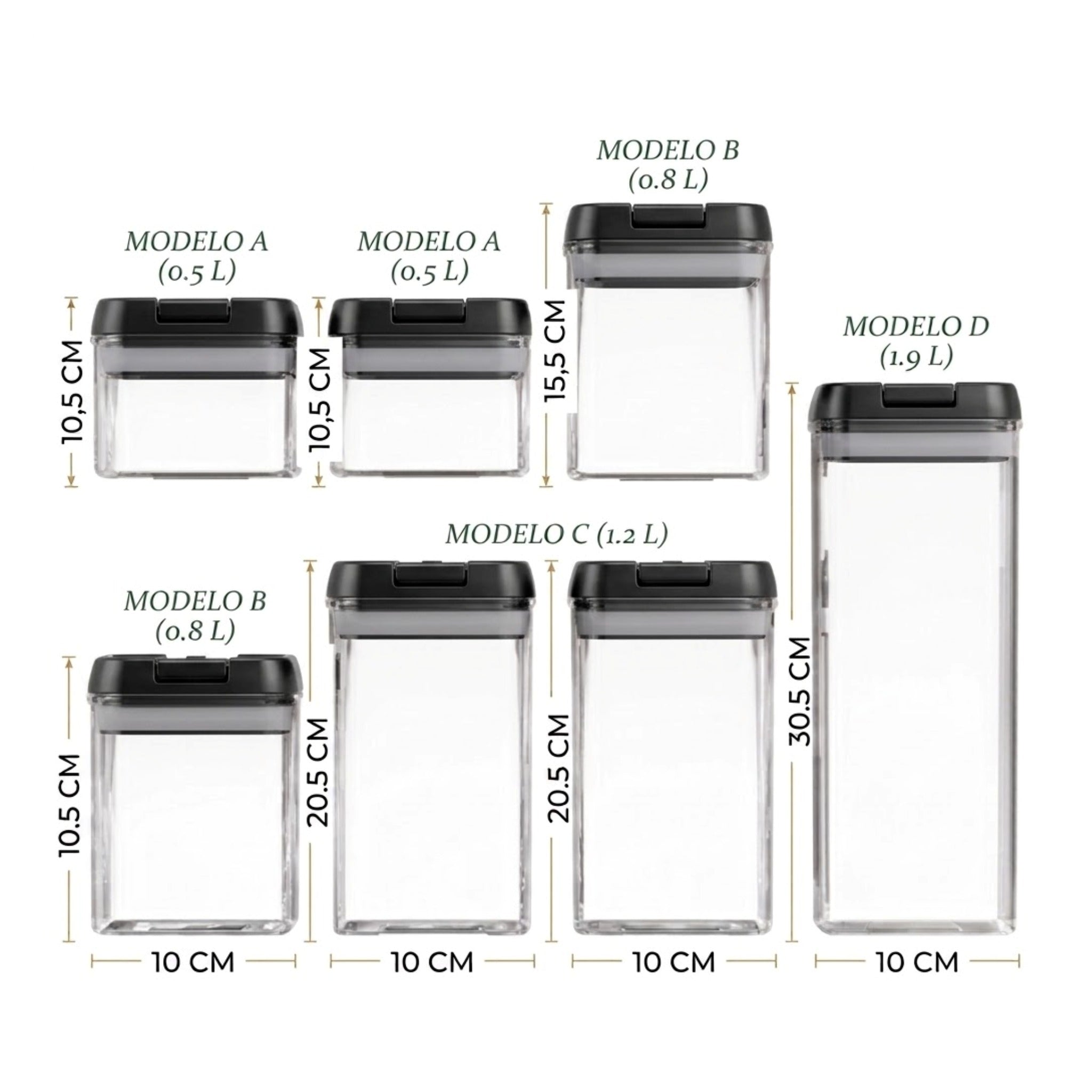 Set de 7 recipientes hermeticos transparentes con tapa negra
