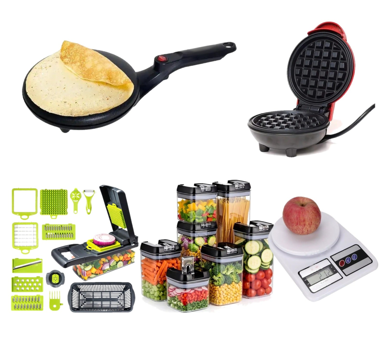 Los cinco productos de CocinaLista en composicion sobre fondo blanco